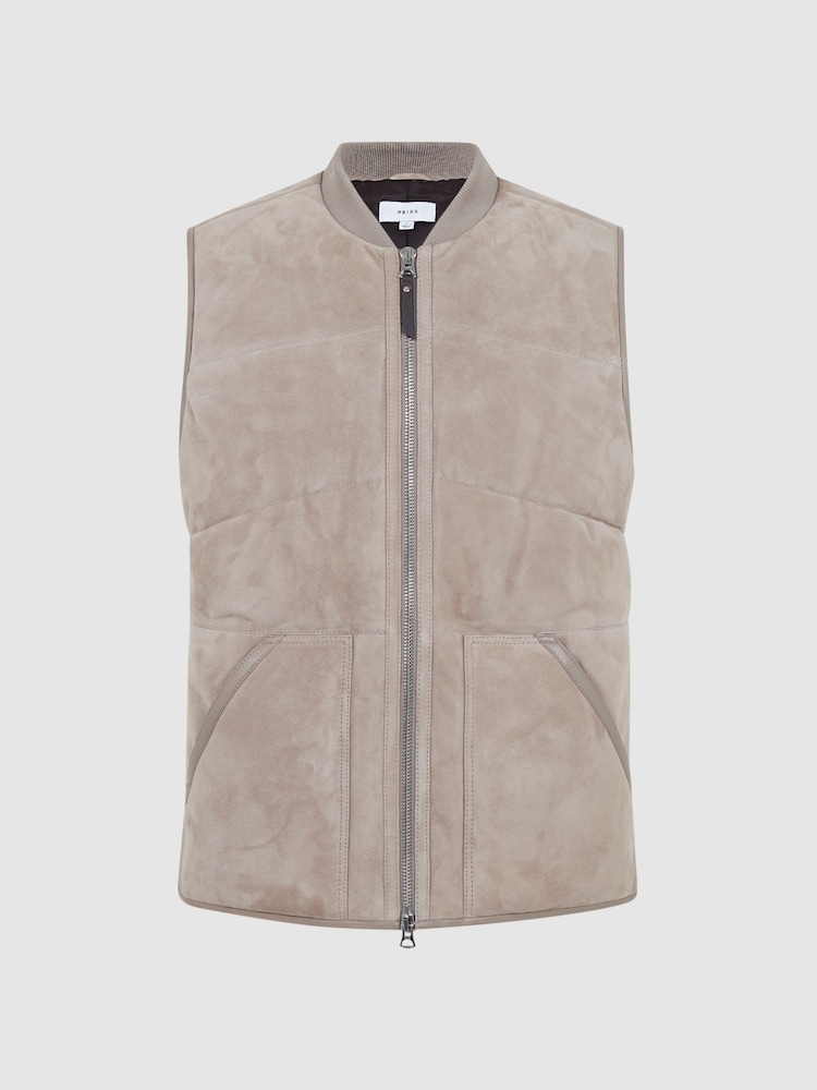Reiss Taupe Cobar Suede Quilted Sleeveless Gilet - Image 2 of 5