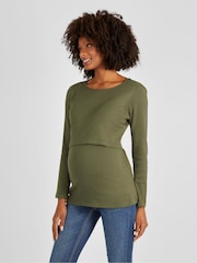 JoJo Maman Bébé Khaki Ribbed Maternity & Nursing Jersey Top - Image 1 of 4