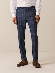 Bright Blue Skinny Fit Trimmed Check Suit Trousers - Image 1 of 9