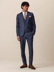Bright Blue Skinny Fit Trimmed Check Suit Trousers - Image 2 of 9