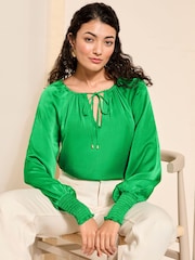 Friends Like These Green Tie Neck Long Sleeve Blouse - Image 1 of 4