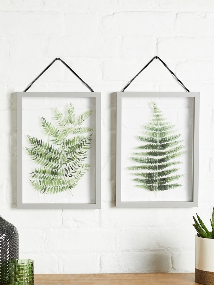 Set of 2 Green Floating Botanicals in Grey Hanging Framed Wall Art - Image 1 of 4