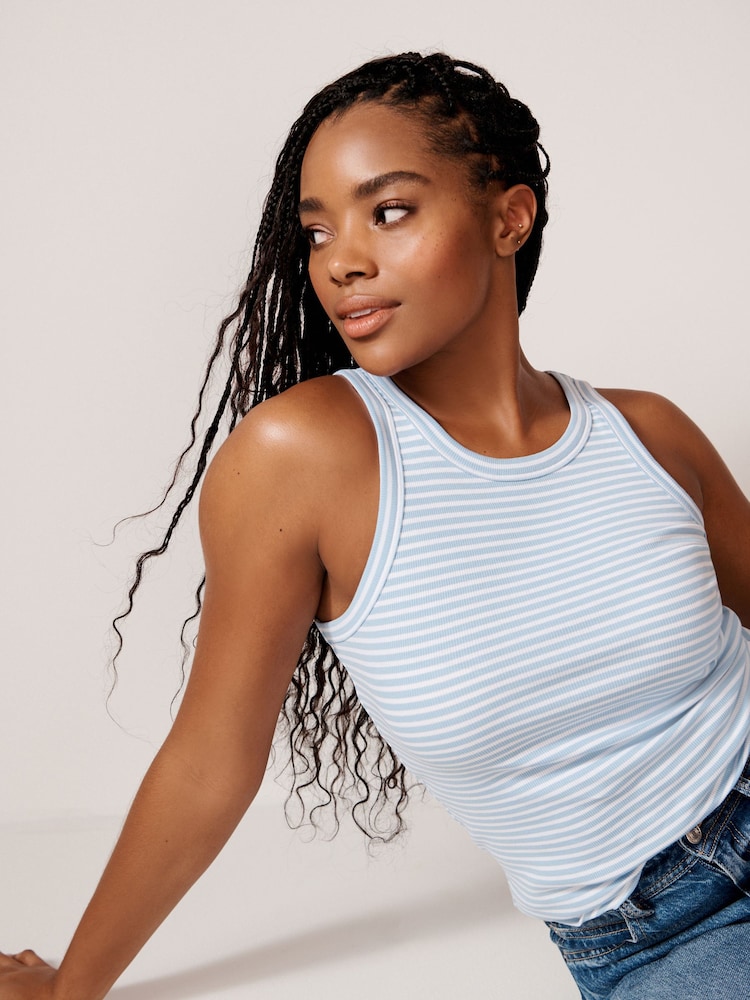 Navy Blue/Blue & White Stripe High Neck Ribbed Racer Vest Tops 2 Pack - Image 1 of 11 Navy Blue/Blue & White Stripe High Neck Ribbed Racer Vest Tops 2 Pack - Image 1 of 11
