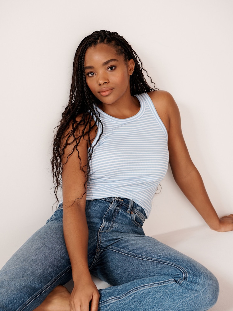 Navy Blue/Blue & White Stripe High Neck Ribbed Racer Vest Tops 2 Pack - Image 2 of 11 Navy Blue/Blue & White Stripe High Neck Ribbed Racer Vest Tops 2 Pack - Image 2 of 11