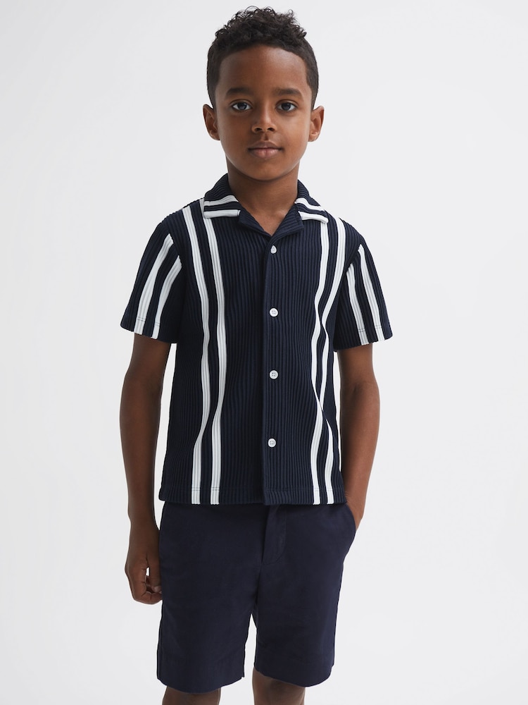 Reiss Navy/White Castle Ribbed Cuban Collar Shirt - Image 1 of 6 Reiss Navy/White Castle Ribbed Cuban Collar Shirt - Image 1 of 6