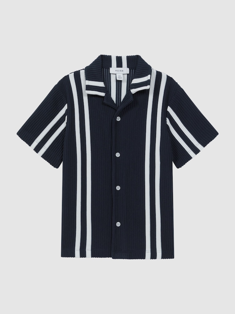 Reiss Navy/White Castle Ribbed Cuban Collar Shirt - Image 2 of 6 Reiss Navy/White Castle Ribbed Cuban Collar Shirt - Image 2 of 6