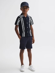 Reiss Navy/White Castle Ribbed Cuban Collar Shirt - Image 3 of 6