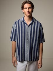 Navy Blue 100% Cotton Textured Stripe Short Sleeve Shirt - Image 1 of 8