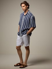Navy Blue 100% Cotton Textured Stripe Short Sleeve Shirt - Image 2 of 8