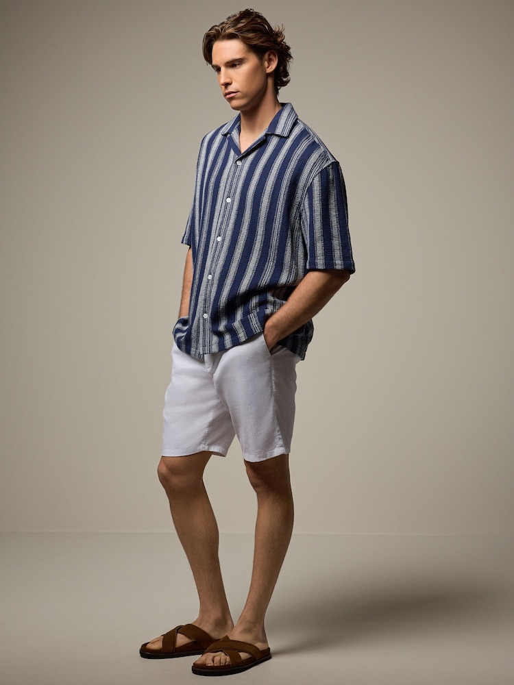 Navy Blue 100% Cotton Textured Stripe Short Sleeve Shirt - Image 2 of 8