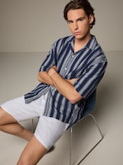 Navy Blue 100% Cotton Textured Stripe Short Sleeve Shirt - Image 3 of 8