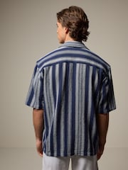 Navy Blue 100% Cotton Textured Stripe Short Sleeve Shirt - Image 5 of 8