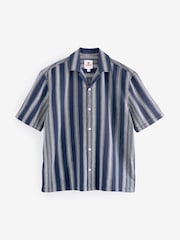 Navy Blue 100% Cotton Textured Stripe Short Sleeve Shirt - Image 7 of 8