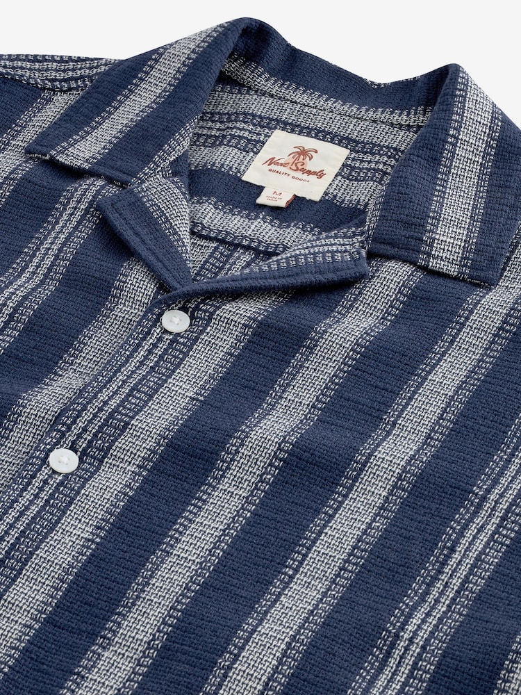 Navy Blue 100% Cotton Textured Stripe Short Sleeve Shirt - Image 8 of 8