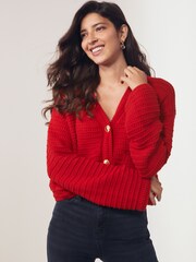 Red Gold Button Pocket Detail Cardigan - Image 1 of 4