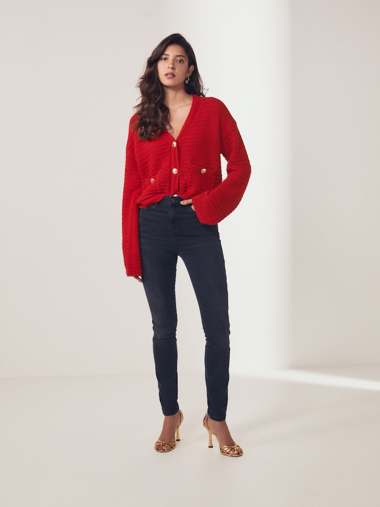 Red Gold Button Pocket Detail Cardigan - Image 2 of 4
