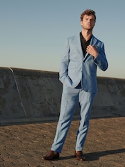 Light Blue Linen Blend Tailored Fit Suit Trousers - Image 1 of 8