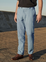 Light Blue Linen Blend Tailored Fit Suit Trousers - Image 2 of 8