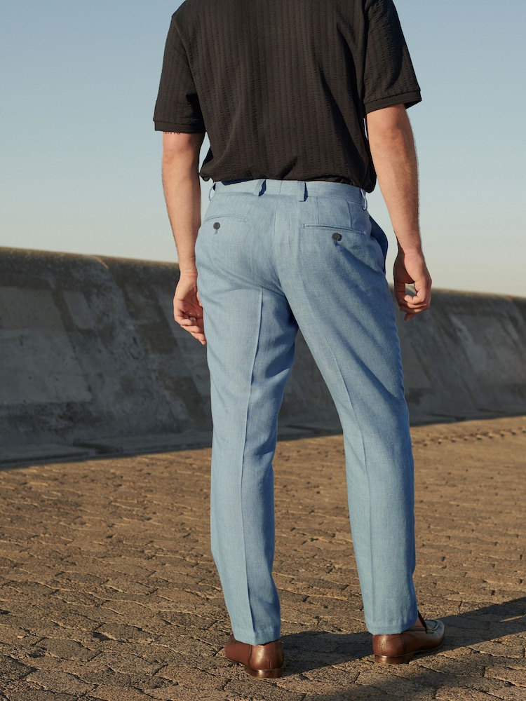 Light Blue Linen Blend Tailored Fit Suit Trousers - Image 3 of 8