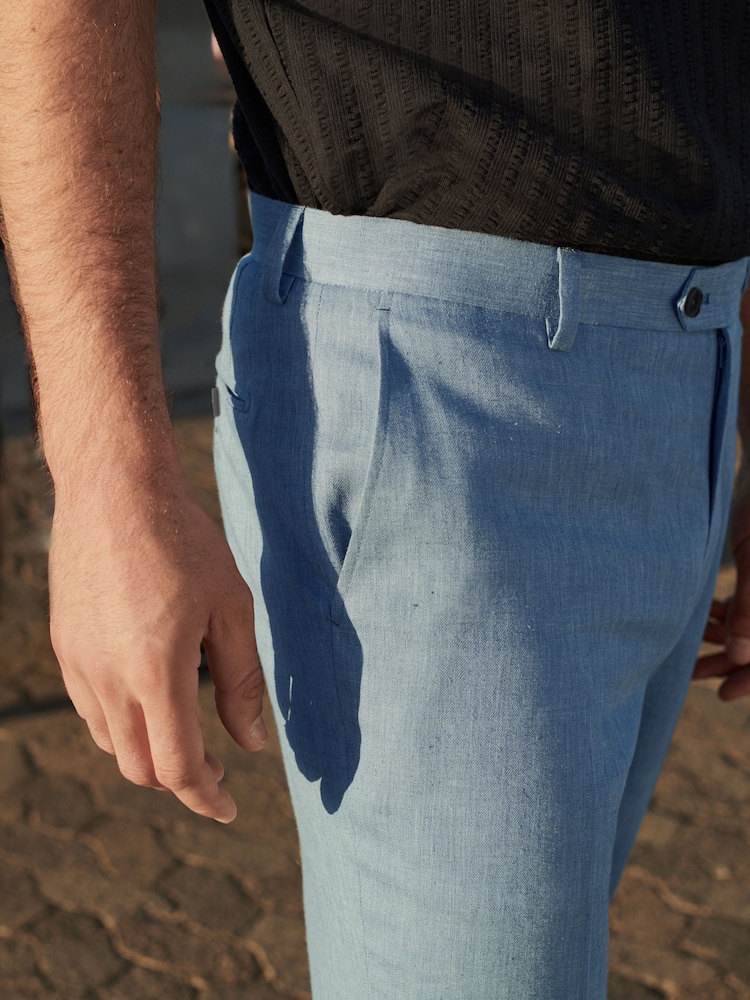 Light Blue Linen Blend Tailored Fit Suit Trousers - Image 4 of 8