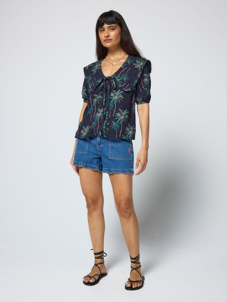 SCAMP & DUDE Midnight Palm Blue Collared Blouse - Image 1 of 4 SCAMP & DUDE Midnight Palm Blue Collared Blouse - Image 1 of 4