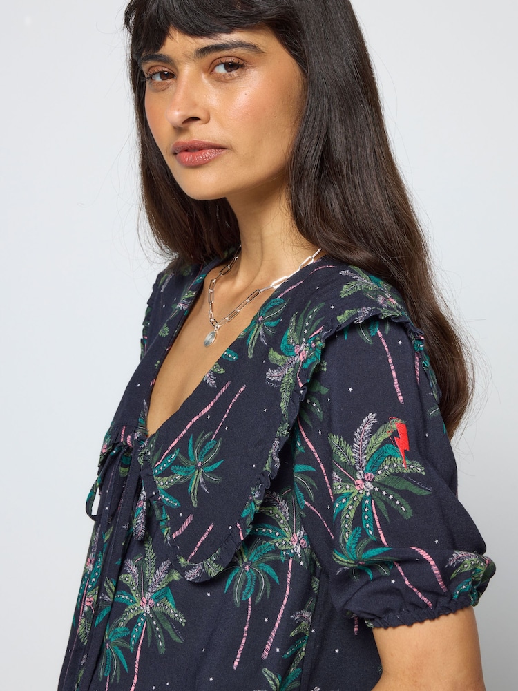 SCAMP & DUDE Midnight Palm Blue Collared Blouse - Image 4 of 4 SCAMP & DUDE Midnight Palm Blue Collared Blouse - Image 4 of 4