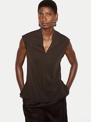 Jigsaw Brown Cupro Ribbed V-Neck Top - Image 1 of 6