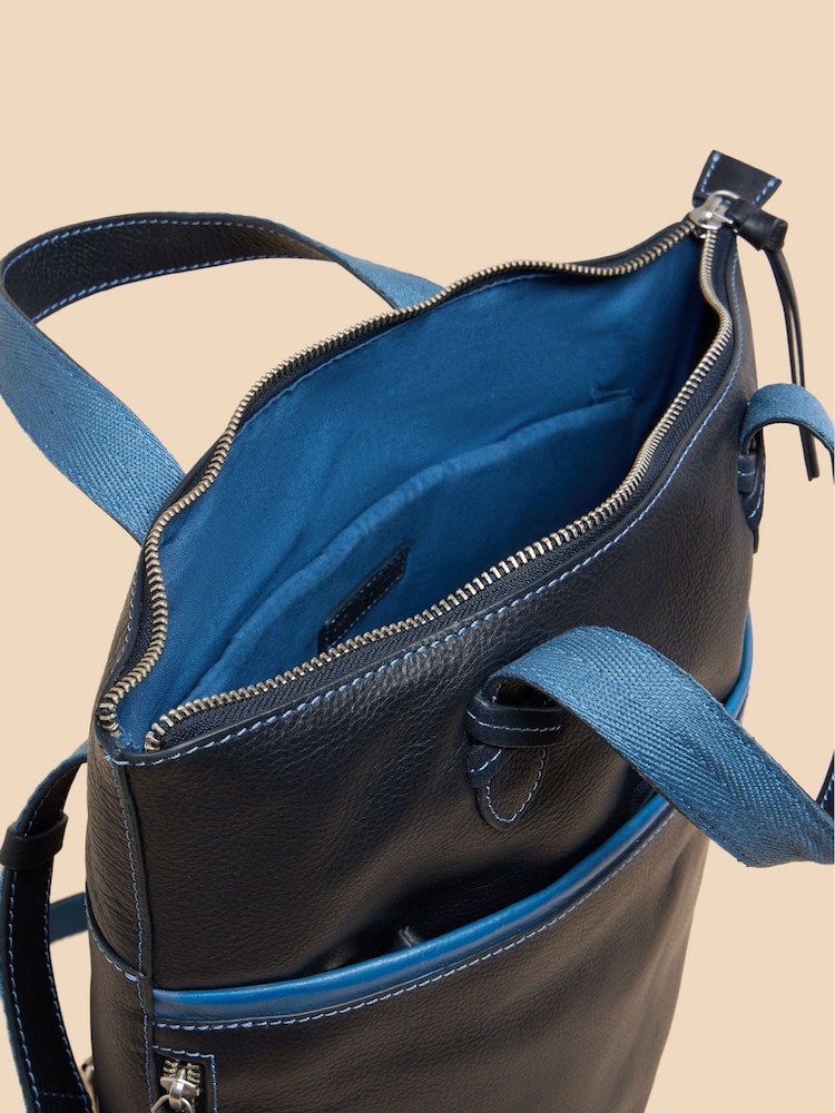 White Stuff Blue Leather Convertible Backpack - Image 4 of 4