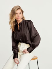 Chocolate Brown Ladder Pleated Long Sleeve Blouse - Image 2 of 6