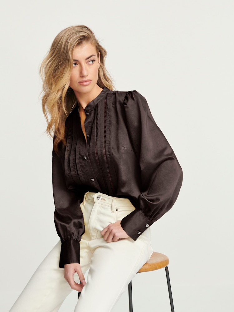 Chocolate Brown Ladder Pleated Long Sleeve Blouse - Image 2 of 6