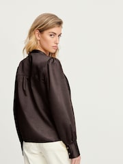 Chocolate Brown Ladder Pleated Long Sleeve Blouse - Image 3 of 6