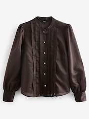 Chocolate Brown Ladder Pleated Long Sleeve Blouse - Image 5 of 6