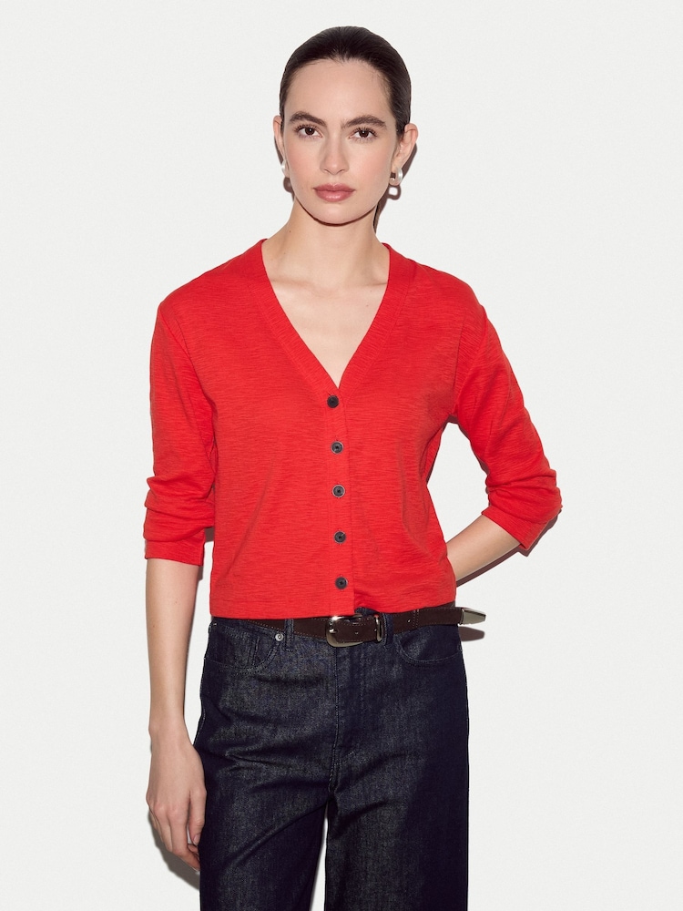 Jigsaw Red Cotton Luxe V-Neck Cardigan - Image 1 of 5 Jigsaw Red Cotton Luxe V-Neck Cardigan - Image 1 of 5
