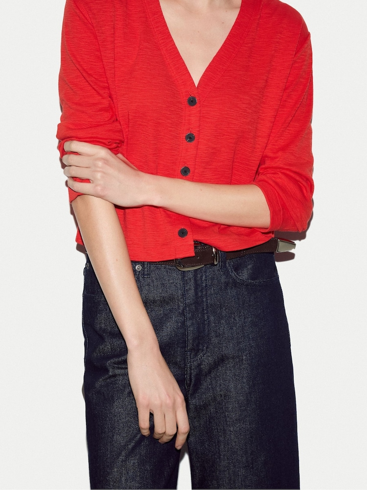Jigsaw Red Cotton Luxe V-Neck Cardigan - Image 2 of 5 Jigsaw Red Cotton Luxe V-Neck Cardigan - Image 2 of 5