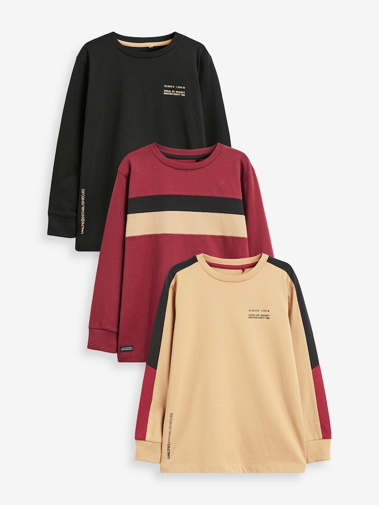 Burgundy Red Long Sleeve Colourblock T-Shirts 3 Pack (3-16yrs) - Image 1 of 3