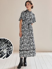Feather Print Angel Sleeve Midi Dress - Image 1 of 7