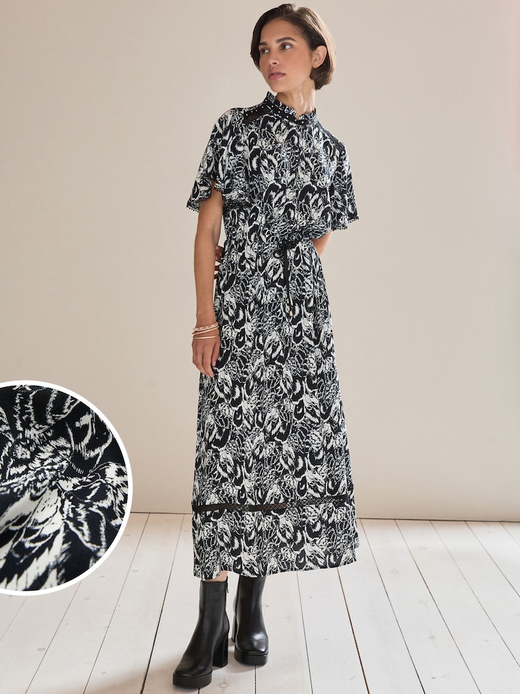Feather Print Angel Sleeve Midi Dress - Image 1 of 7
