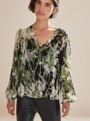 Ecru/Creme/Blumenmuster - Langärmelige Bluse mit V-Ausschnitt - Bild 1 von 4