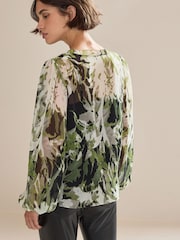 Ecru/Creme/Blumenmuster - Langärmelige Bluse mit V-Ausschnitt - Bild 3 von 4