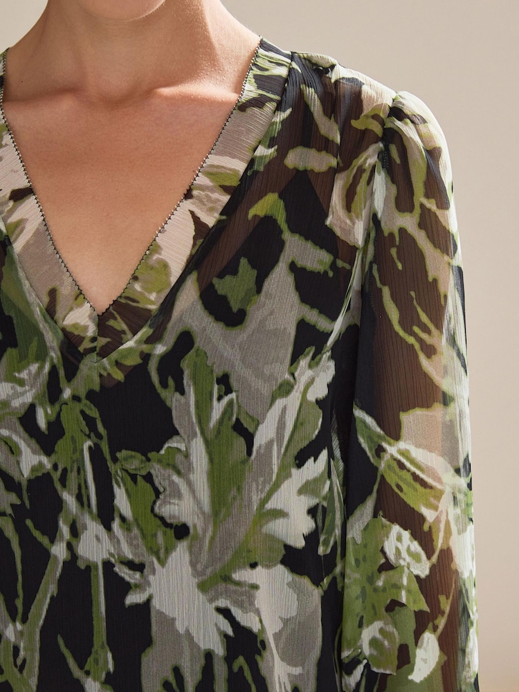 Ecru/Creme/Blumenmuster - Langärmelige Bluse mit V-Ausschnitt - Bild 4 von 4