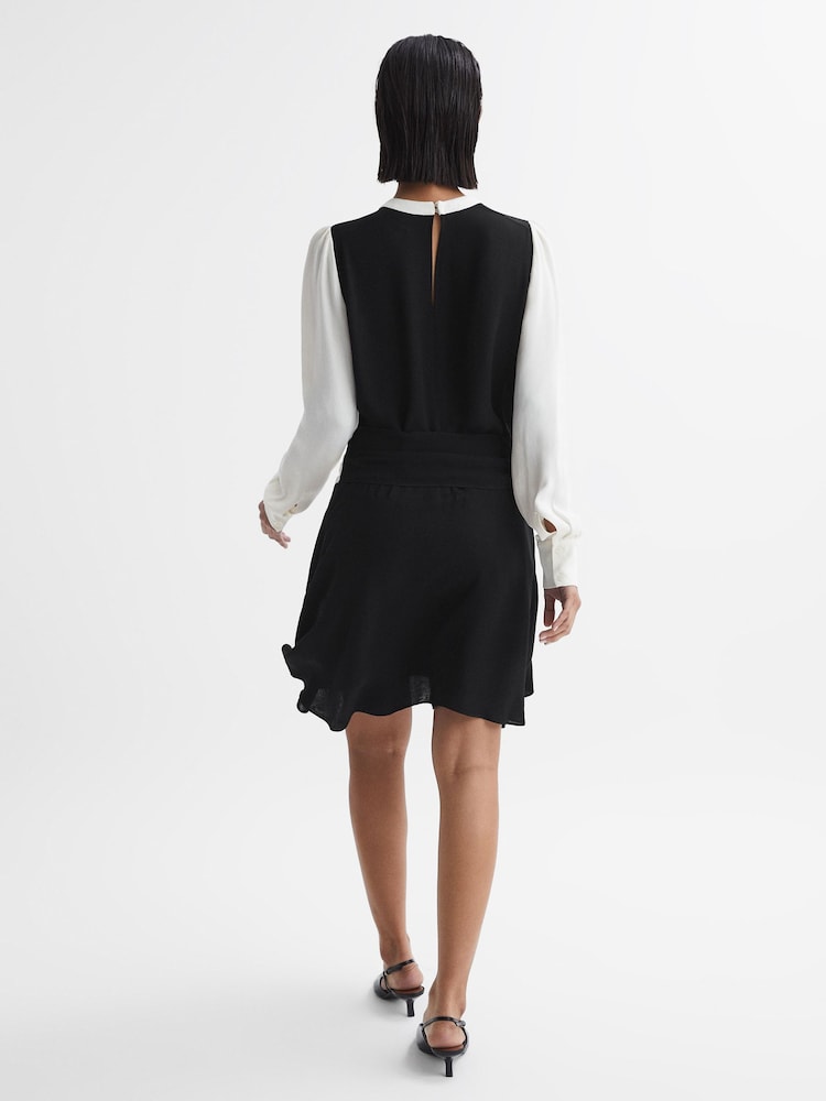 Reiss Ivory/Black Sadie Colourblock Belted Mini Dress - Image 4 of 4