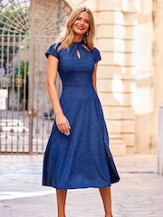 Sosandar Blue Twist Neck Metallic Fit And Flare Dress - Image 3 of 5