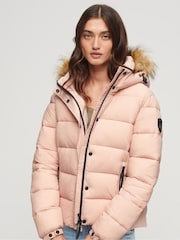 Superdry Pink Faux Fur Short Hooded Puffer Jacket - Image 1 of 5