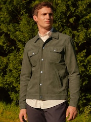 Khaki Green Faux Suede Collared Trucker Jacket - Image 1 of 15