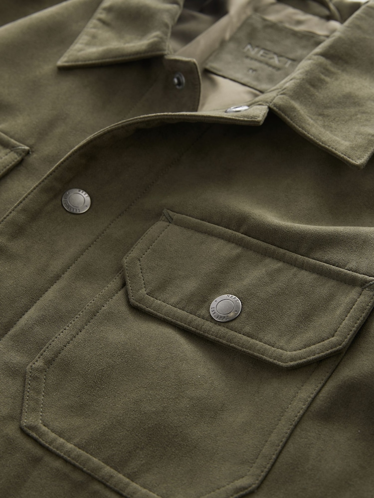 Khaki Green Faux Suede Collared Trucker Jacket - Image 10 of 15