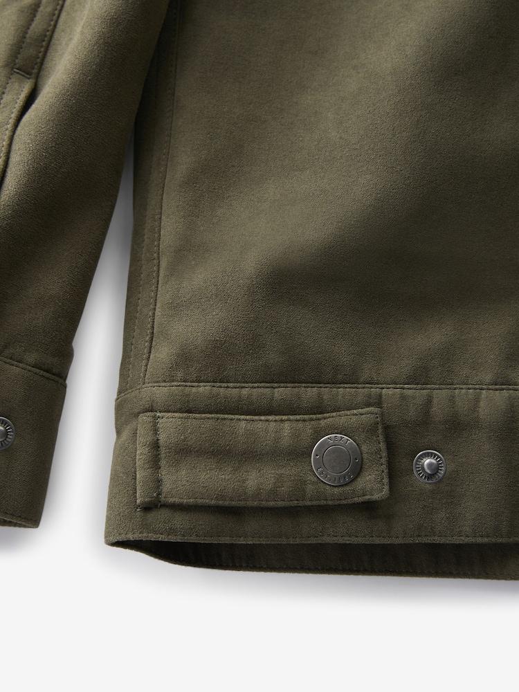 Khaki Green Faux Suede Collared Trucker Jacket - Image 12 of 15