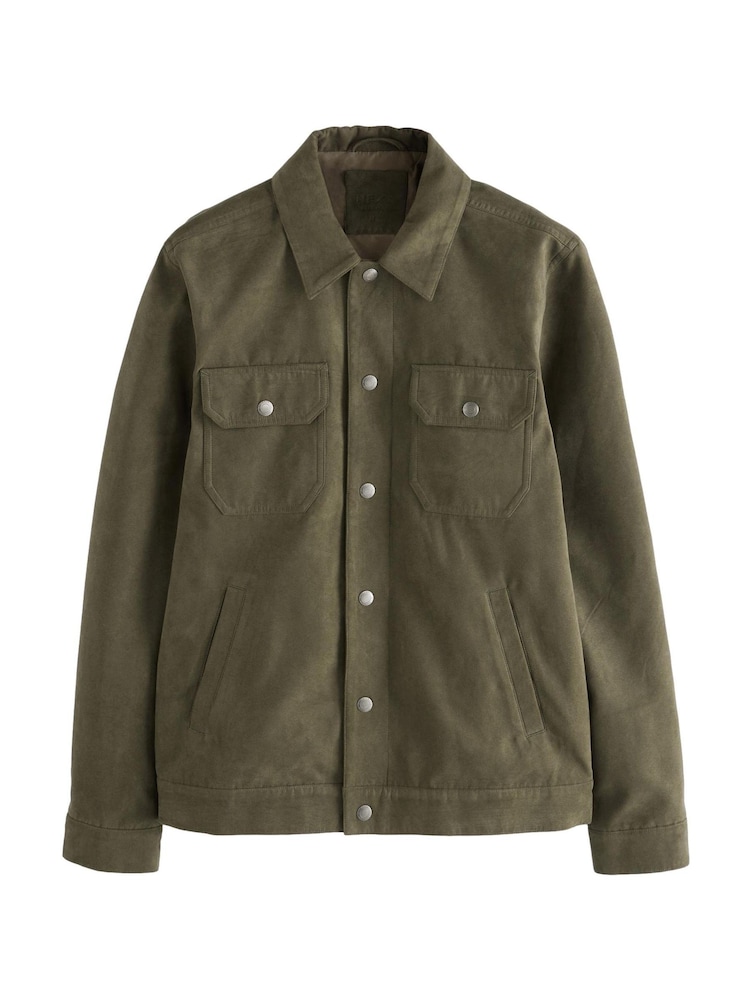Khaki Green Faux Suede Collared Trucker Jacket - Image 15 of 15
