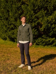 Khaki Green Faux Suede Collared Trucker Jacket - Image 2 of 15