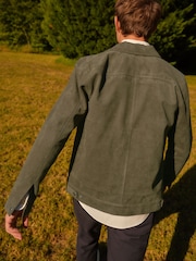 Khaki Green Faux Suede Collared Trucker Jacket - Image 3 of 15