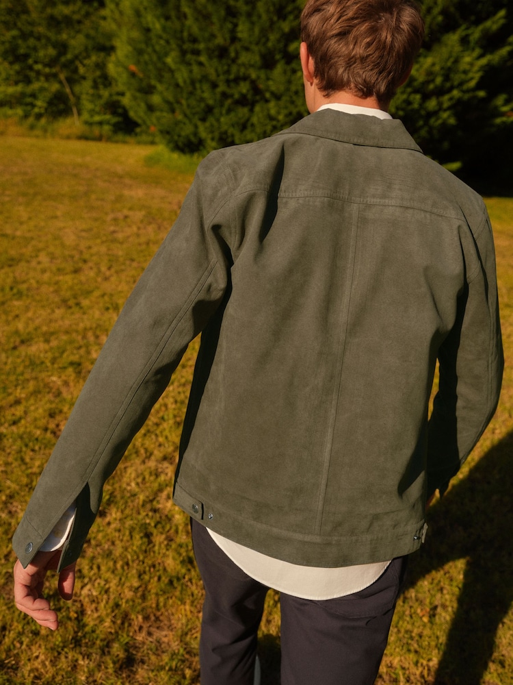 Khaki Green Faux Suede Collared Trucker Jacket - Image 3 of 15